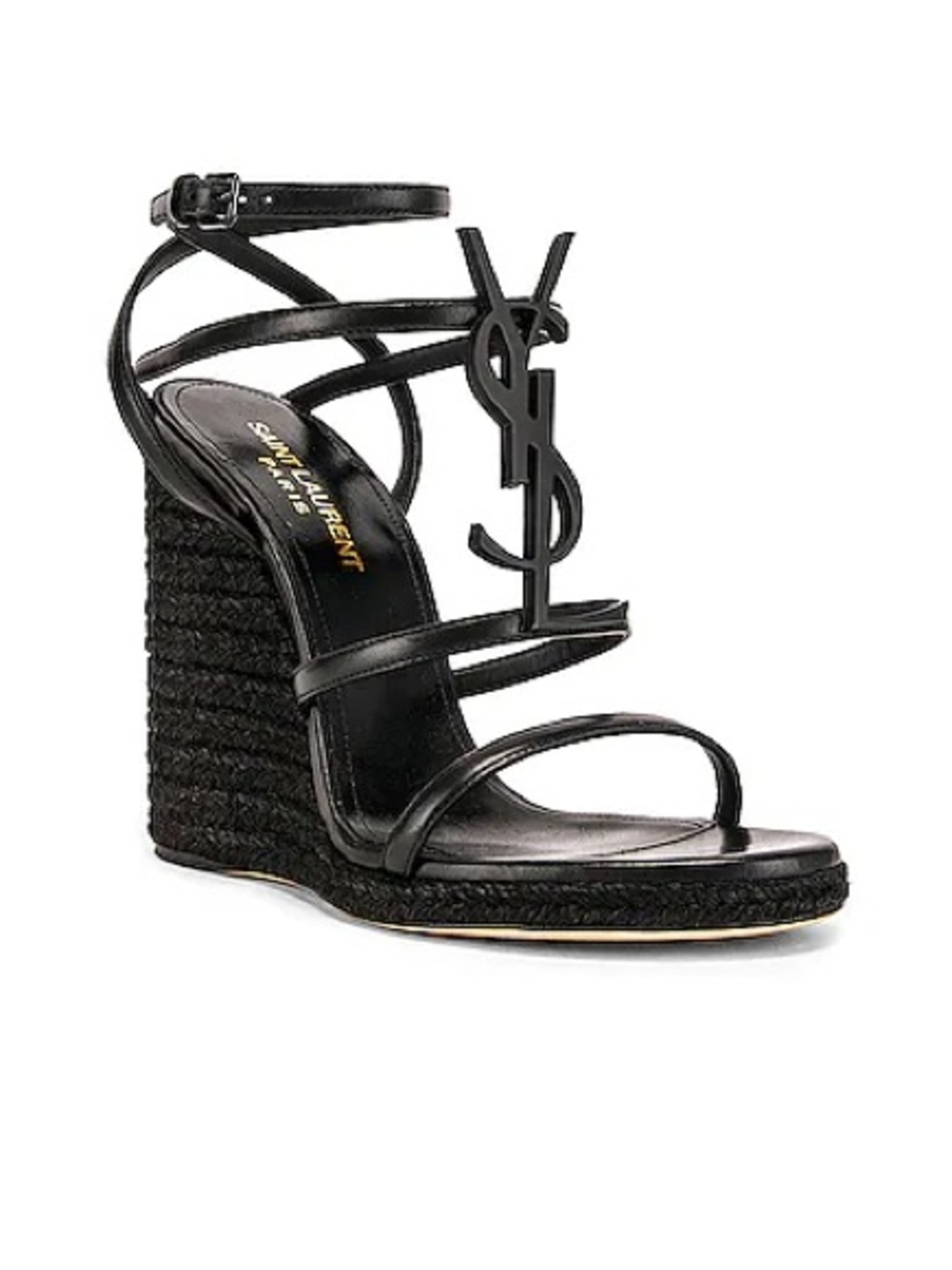 Authentic Saint Laurent Cassandra Espadrille Wedge Sandals in Black.